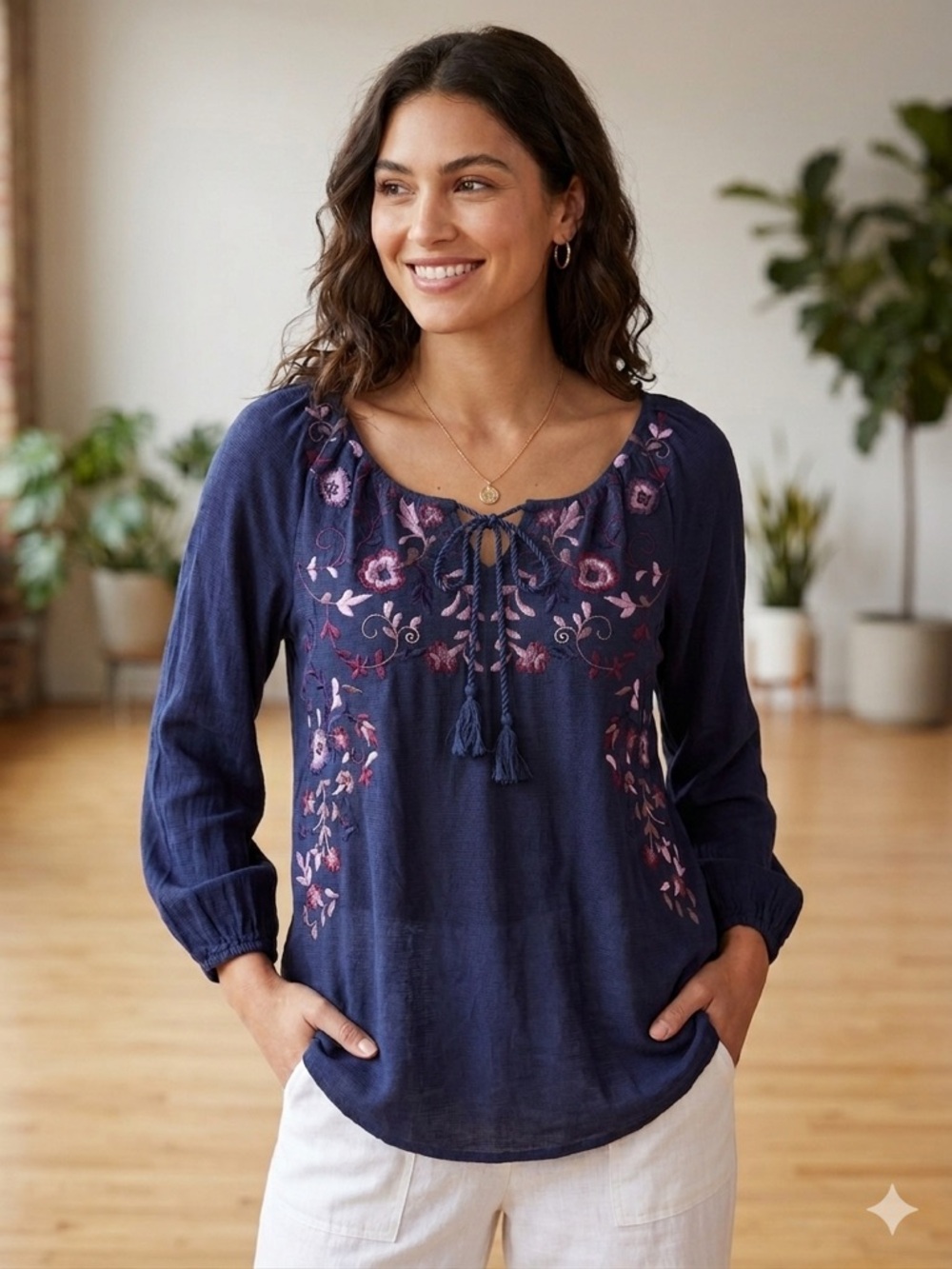 Lucky Brand Navy Embroidered Peasant Top with Tassel Tie